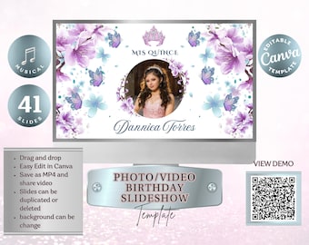 Quinceanera Slideshow Template | Editable Canva Video |  Photo Video for Reception I  Editable Digital Keepsake I Lilac and Blue