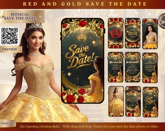 Red Gold Quinceañera Save the Date | Floral Princess Musical Video (Canva Template)