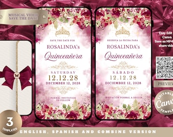Animated Quinceañera Save the Date | Editable Canva Video |  English and Spanish Version |  Save the Date Quince Sweet 16 Burgundy