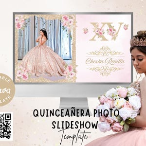 May include: A quinceañera photo slideshow template on a computer screen. The design features a young woman in a pink gown, floral accents, and the text "Quinceañera Photo Slideshow Template". The design includes the text "Editable Canva Template".
