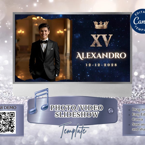 Blue & Gold Quinceanera Slideshow Template: Editable Canva Video (Digital Download)