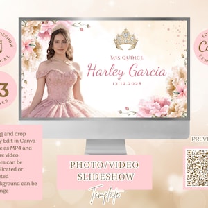 Mall för bildspel med quinceanera-motiv i rouge- och champagnefärg | Redigerbar Canva-video | Fotovideo för mottagning | Redigerbart digitalt minnessak