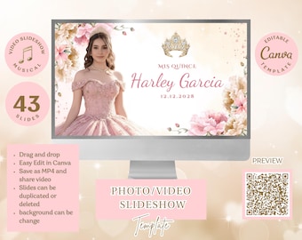 Blush Pink and Champagne Quinceanera Slideshow Template | Editable Canva Video |  Photo Video for Reception I  Editable Digital Keepsake