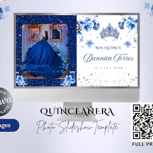 Könnte beinhalten: Ein Computermonitor zeigt eine Quinceañera-Foto-Diashow-Vorlage. Das Design umfasst ein blaues Kleid, florale Details und den Text "MIS QUINCE Dannica Torres 12 1 12 1 2028." Der Bildschirm ist von blauen Blumendekorationen und Schmetterlingen umgeben.