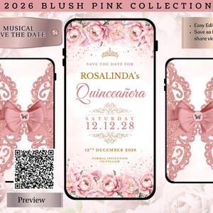 May include: Blush pink Quinceañera invitation design. The design features a floral and lace motif, with the text "Save the Date for Rosalinda's Quinceañera" and the date 12.12.28. Includes a QR code and the text "Preview".