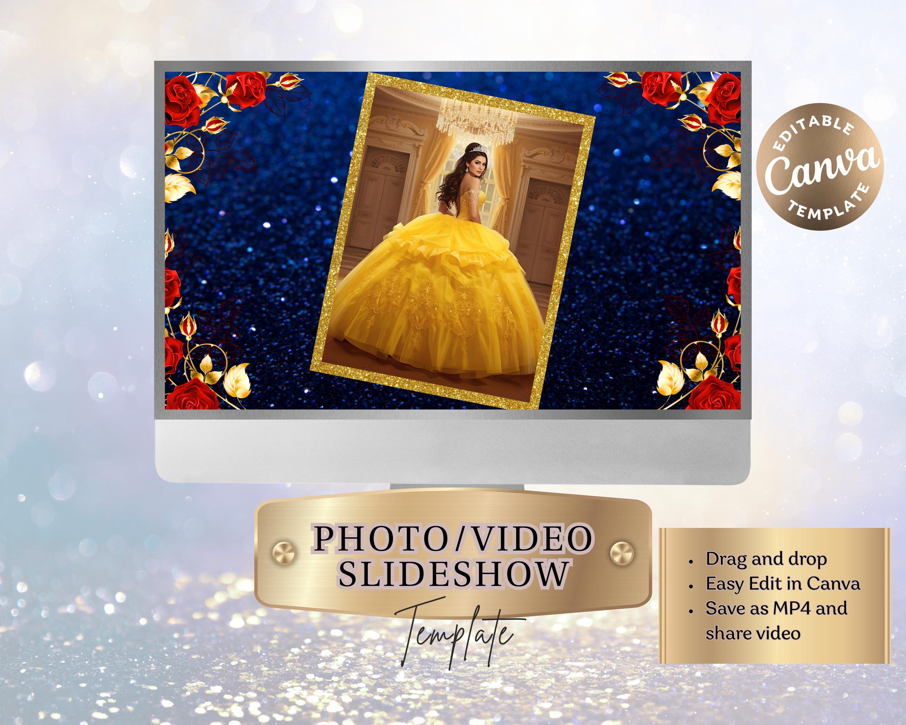 Yellow, Red and Blue Quinceanera Slideshow Template Editable Canva