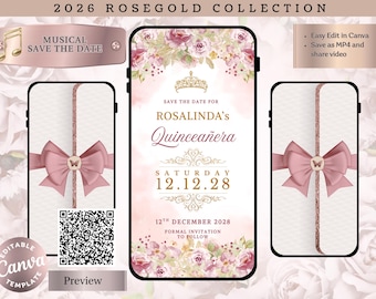 Rose Gold Quinceañera Save the Date Canva Template | Pink Floral Roses | Editable Quince Invitation