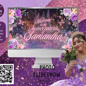 Puede incluir: Un monitor de computadora muestra una plantilla de presentación de diapositivas con el texto "Welcome to the Quinceañera Samantha". El diseño presenta detalles florales y una foto de una joven con un vestido morado. El fondo es un degradado de morado y rosa.