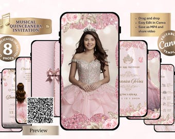 Animated Quinceanera Invitation Template with Photo| Editable Canva Video |  Editable Digital |  Pink Glitter