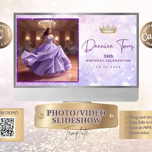 Może przedstawiać: Cyfrowy szablon pokazu slajdów na 16. urodziny, z kobietą w fioletowej sukni i imieniem "Dannica Torres". Zawiera tekst "PHOTO/VIDEO SLIDESHOW Template" i "VIEW DEMO". Projekt ma złotą koronę.