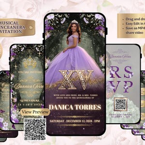 May include: A digital quinceañera invitation template displayed on several smartphones. The design features a young woman in a lavender gown, with gold accents and the text "XV". Additional text includes "Musical Quinceañera Invitation" and "Danica Torres".