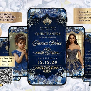 Convite animado para festa de debutante em tons de dourado e azul royal | Vídeo editável no Canva | Arquivo digital editável