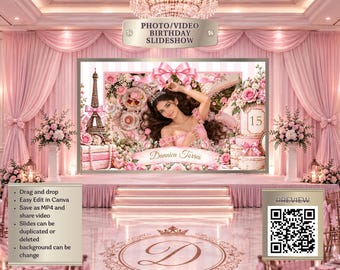 Paris Quinceañera Slideshow Template | Editable Canva Video |  Pink Bow Photo Video for Reception I Sweet 16