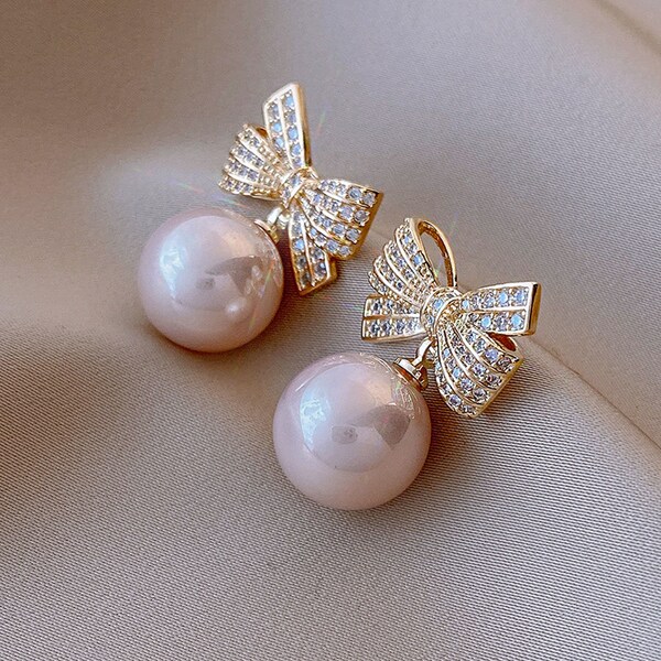 925 Sterling Silver Pearl Bow Earrings