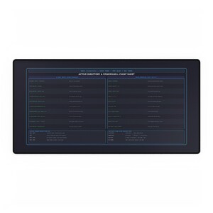 May include: A rectangular black desk mat featuring a blue grid layout titled Active Directory & PowerShell Cheat Sheet. The surface displays technical commands and information organized into columns and rows with clear white text.