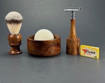 Handmade Wooden Shaving Set Kit Gift For Men Husband Father Boyfriend Double Edge Safety Razor Wood Stand for Razor Soap Puck Mug Bowl Cup