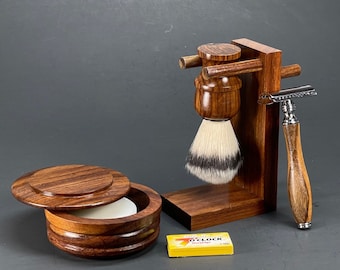 6PC Handmade Vintage Style Men's  Classic wooden shaving set brush Safety Razor Bowl Mug Soap Blades kit Man Valentine's day Gift
