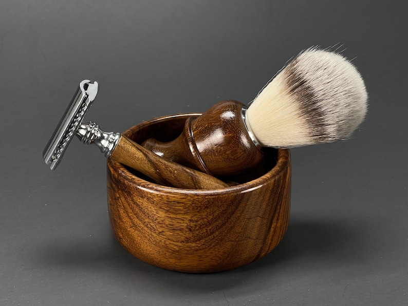 Men's Shaving Shave Set kit Wood Bowl Mug Soap Puck Handle Safety Razor Faux Badger Hair Shaving Brush Metal Stand W 5 Blades Pack Handmade image 2