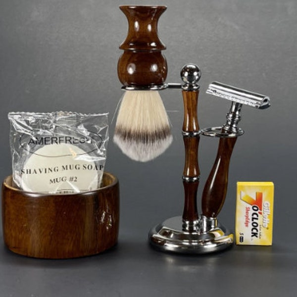 Handmade Christmas Gift Wet Shaving Gift Set Kit Double Edge Safety Razor, Brush, Stand wooden Shaving Bowl mug Soap 5 Blades Man Valentines