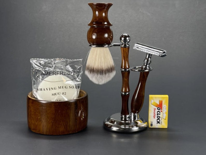 Handmade Christmas Gift Wet Shaving Gift Set Kit Double Edge Safety Razor, Brush, Stand wooden Shaving Bowl mug Soap 5 Blades Man Valentines image 1