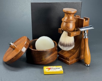 6PC Wooden Shaving Set Kit Men Husband Father Boyfriend Double Edge Safety Razor Wood Stand Brush Razor Shaving Mug Bowl Cup Soap blade puck