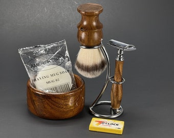 Men's Shaving Shave Set kit Wood Bowl Mug Soap Puck Handle Safety Razor Faux Badger Hair Shaving Brush Metal Stand W 5 Blades Pack Handmade