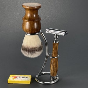 Men's Shaving Shave Set kit Wood Bowl Mug Soap Puck Handle Safety Razor Faux Badger Hair Shaving Brush Metal Stand W 5 Blades Pack Handmade image 5