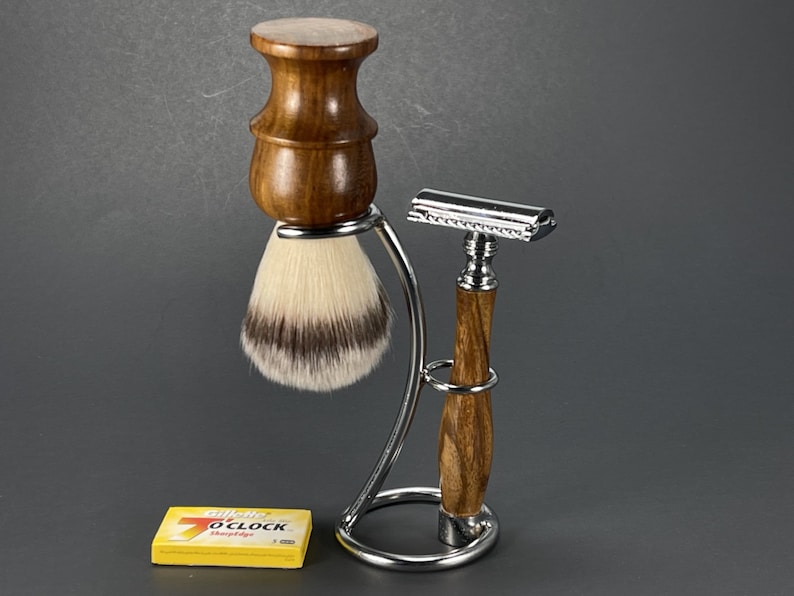 Men's Shaving Shave Set kit Wood Bowl Mug Soap Puck Handle Safety Razor Faux Badger Hair Shaving Brush Metal Stand W 5 Blades Pack Handmade image 5