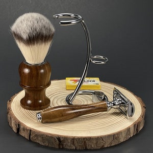 Men's Shaving Shave Set kit Wood Bowl Mug Soap Puck Handle Safety Razor Faux Badger Hair Shaving Brush Metal Stand W 5 Blades Pack Handmade image 6