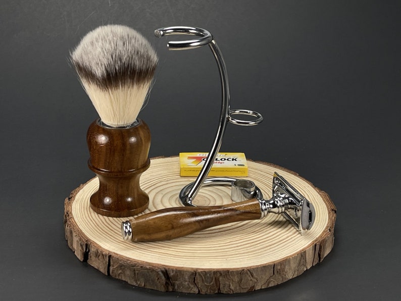 Men's Shaving Shave Set kit Wood Bowl Mug Soap Puck Handle Safety Razor Faux Badger Hair Shaving Brush Metal Stand W 5 Blades Pack Handmade image 6