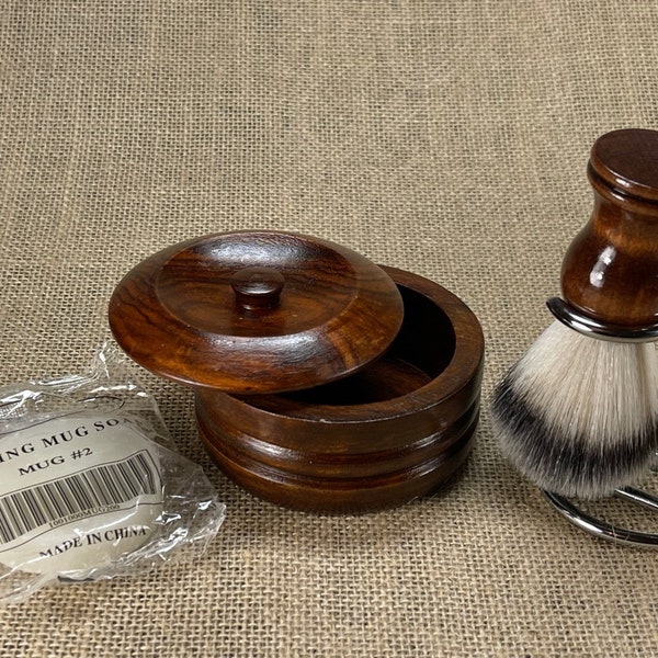 Hand Made Shaving Kit Set Shaving Brush (not Badger ) Vegan Soap Wooden Bowl w Lid Brush Stand (4PCS) Man Boyfriend valentines Day Gift.