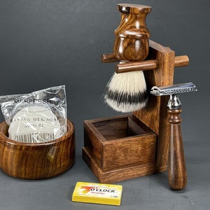 7PC Wood Shaving Set DE Safety razor Brush Soap Bowl mug Blades complete classic shaving set Men's Gift Kit Hand Made