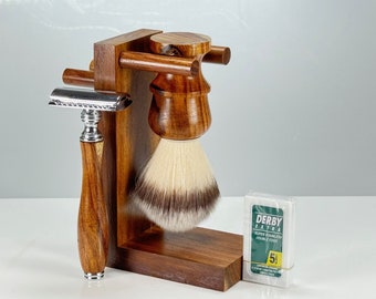 USA Handmade 3PC Set da barba Rasoio di sicurezza in legno Pennello da barba vegano e supporto per rasoio bagnato in legno Uomo marito Regalo per la festa del papà