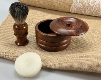 Hand made Wooden Wood Shaving Mug and Badger Brush Soap Bowl with Lid Cover  Set Kit man Boyfriend Valentines day gift