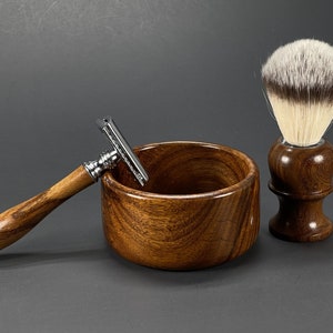Men's Shaving Shave Set kit Wood Bowl Mug Soap Puck Handle Safety Razor Faux Badger Hair Shaving Brush Metal Stand W 5 Blades Pack Handmade image 3