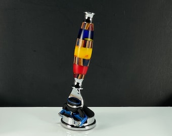 Art Resin & Wood Custom Cartridge Razor For Gillette Fusion Blades With Bright Candy Colors Chrome Base Stand Unique One of Kind Man Gift