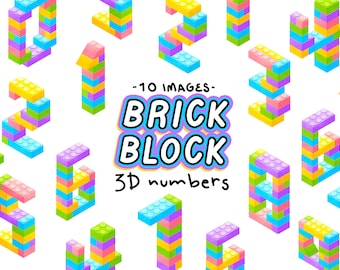 May include: Ten colorful 3D numbers made of plastic building blocks. The numbers are arranged in a random pattern on a white background. The text "Brick Block 3D numbers" is written in a colorful font below the numbers.