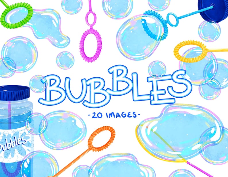 May include: A digital illustration of colorful bubbles with wands and a bottle of bubble solution. The text "BUBBLES - 20 IMAGES -" is in the center of the image.
