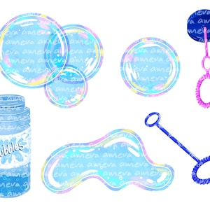 May include: A set of iridescent blue bubble wands and a bottle of bubble solution. The wands are made of plastic and have a circular loop at the end. The bottle is labeled "Bubbles".