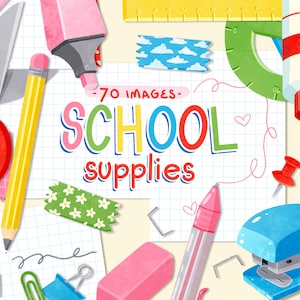 Back To School Supplies Clipart School Teacher Clip Art Set Rainbow Supplies Bundle Art Supplies Commercial Use PNG files, pencils, eraser