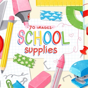 Terug naar schoolbenodigdheden Clipart School Teacher Clip Art Set Rainbow Supplies Bundle Art Supplies Commercieel gebruik PNG-bestanden, potloden, gum