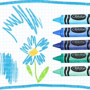 May include: Five crayons on a blue grid paper background. The crayons are blue, light blue, dark blue, green, and light green. The word "CRAYON" is written on each crayon. A blue flower with a yellow center is drawn on the left side of the paper. The flower has a green stem and leaves.