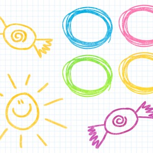 May include: A hand-drawn illustration of a smiling sun with yellow rays, two yellow candy shapes, and four colorful circles on a white grid background.