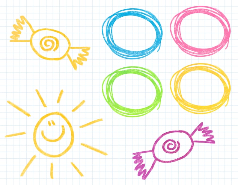 May include: A hand-drawn illustration of a smiling sun with yellow rays, two yellow candy shapes, and four colorful circles on a white grid background.