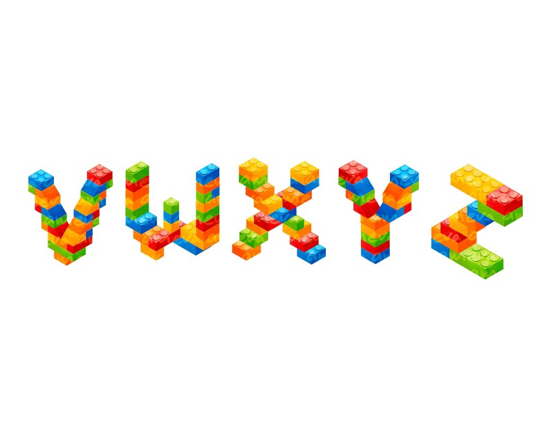 May include: Colorful plastic letters V, W, X, Y, and Z made from toy building blocks.