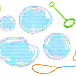 May include: A set of five watercolor illustrations of bubble wands and iridescent bubbles. The wands are in various colors, including gold, green, orange, and blue. The bubbles are round and have a rainbow sheen.