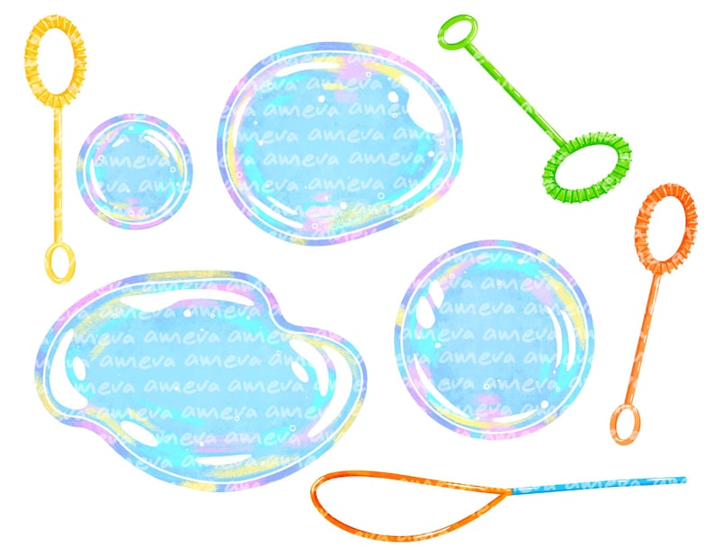 May include: A set of five watercolor illustrations of bubble wands and iridescent bubbles. The wands are in various colors, including gold, green, orange, and blue. The bubbles are round and have a rainbow sheen.