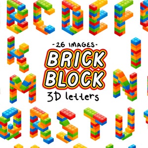Brick Block 3D Buchstaben Clipart Kunststoff Bausteine Alphabet PNG Dateien für Sublimation Kinder Party Bausteine kommerzielle Nutzung