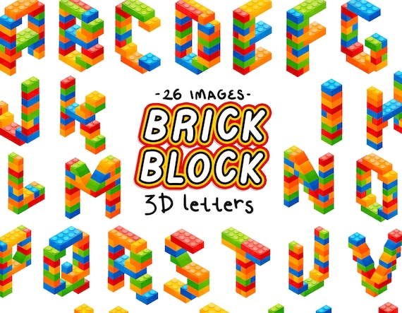Brick Block 3D Letters Clipart Plastic Building Bricks Alphabet PNG files for Sublimation Children Party Building Blocks Commercial Use