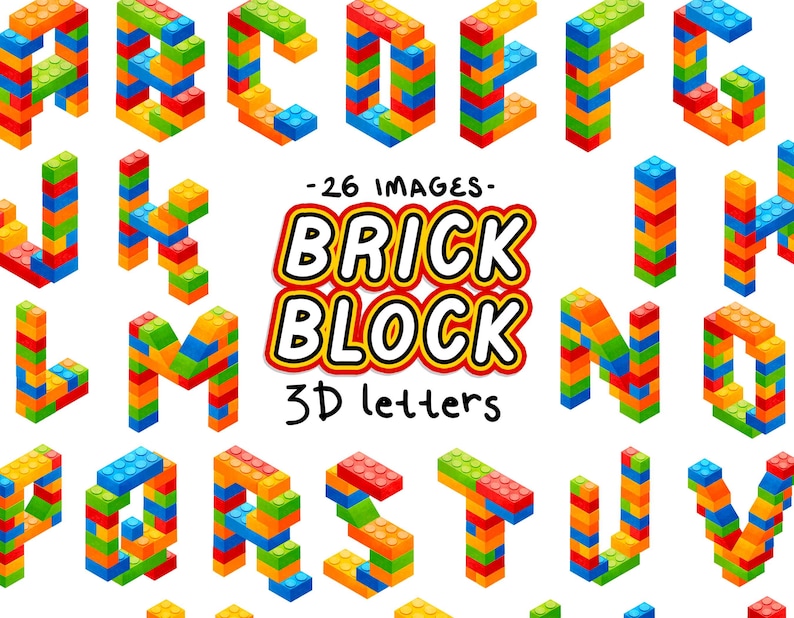 May include: A set of 26 colorful 3D letters made of plastic building blocks. The letters are arranged in alphabetical order and spell out "BRICK BLOCK 3D letters".